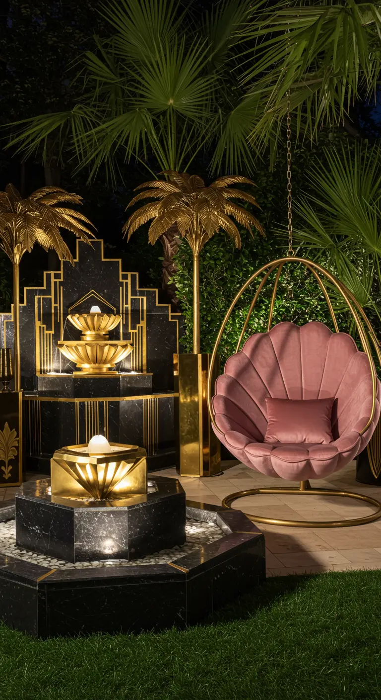 Roze fluwelen schelp-hangstoel naast een goud-zwarte Art Deco fontein met gouden palmbomen.