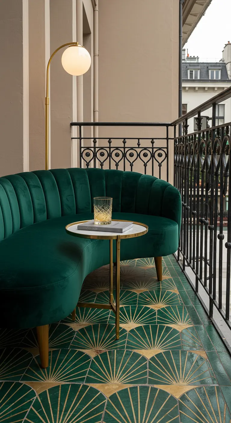 Balkon met smaragdgroene art-deco tegels met gouden lijnen en een groene velours bank.