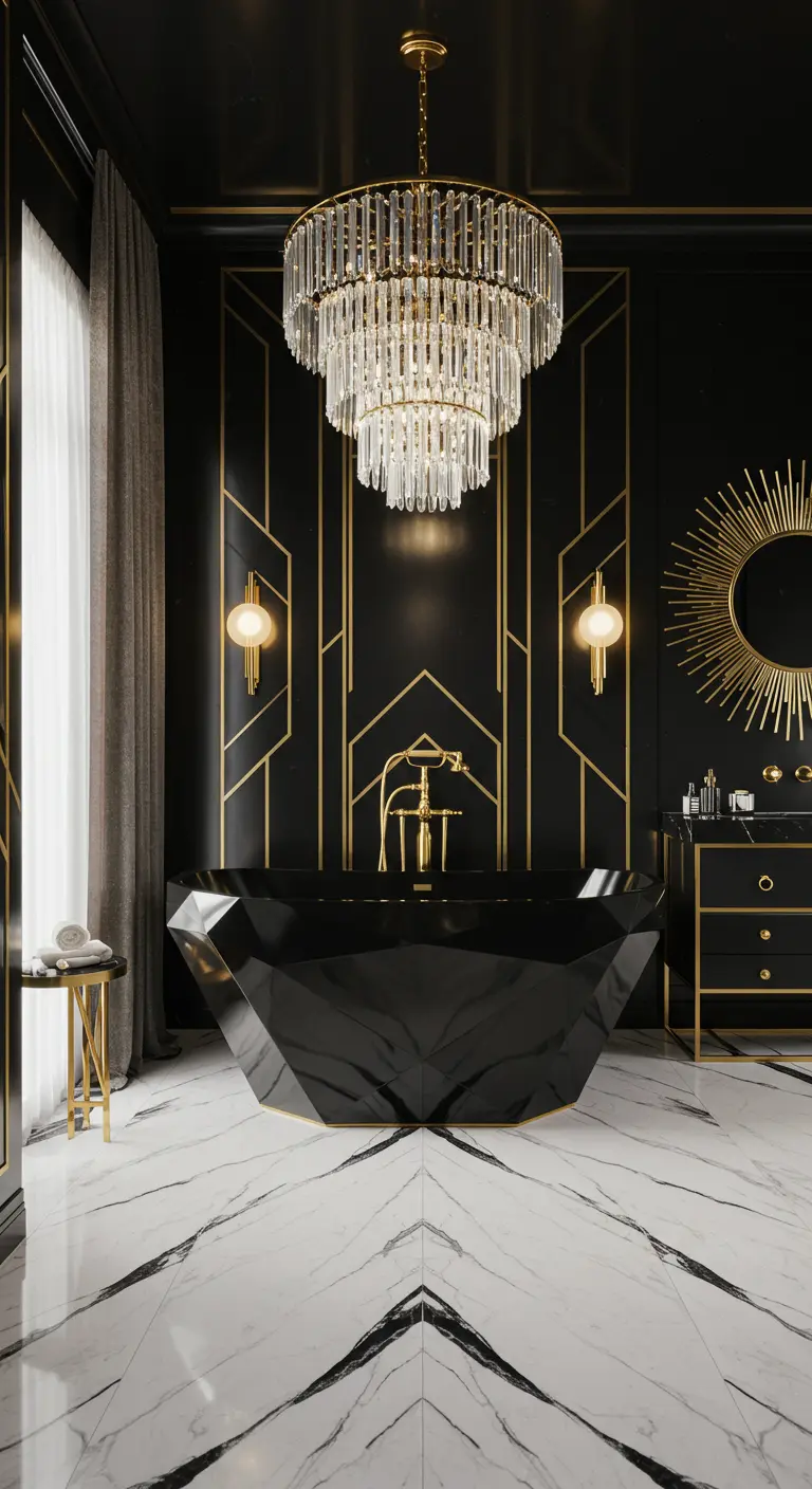 Zwart geometrisch bad in een Art Deco badkamer met goudlijnen en een kristallen kroonluchter.