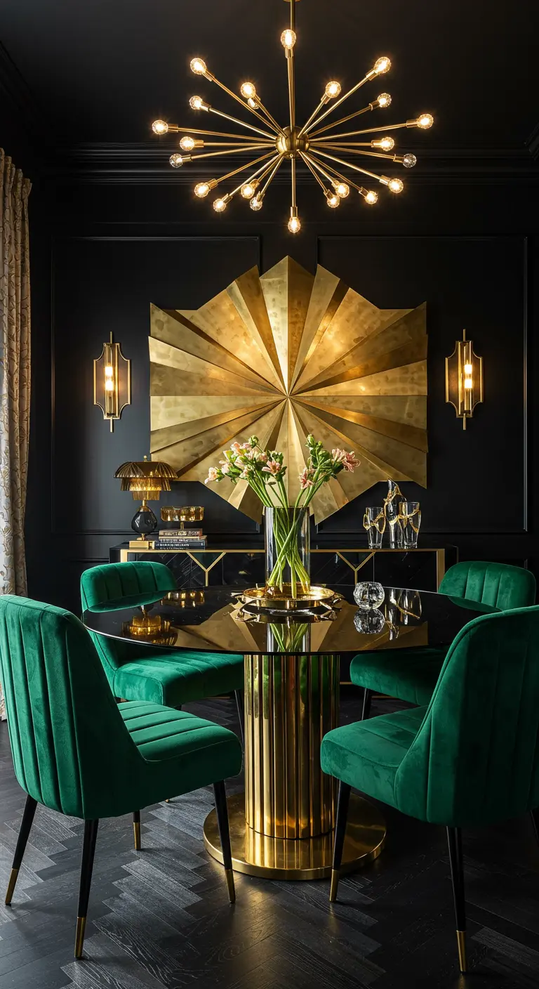 Luxe eetkamer met zwarte muren, gouden kunst en smaragdgroene fluwelen stoelen.
