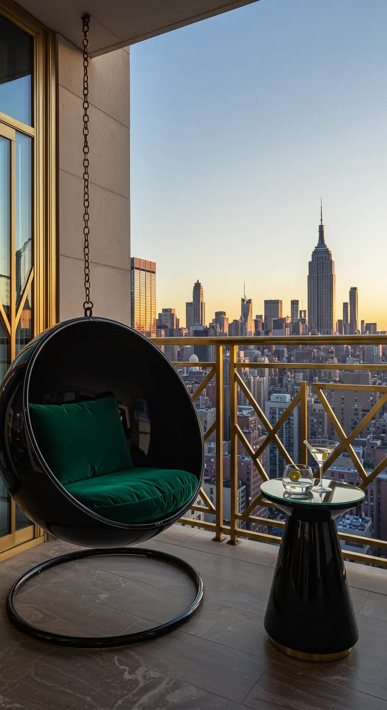 Zwarte, glanzende hangstoel met groen kussen op een balkon met gouden reling en stadszicht.