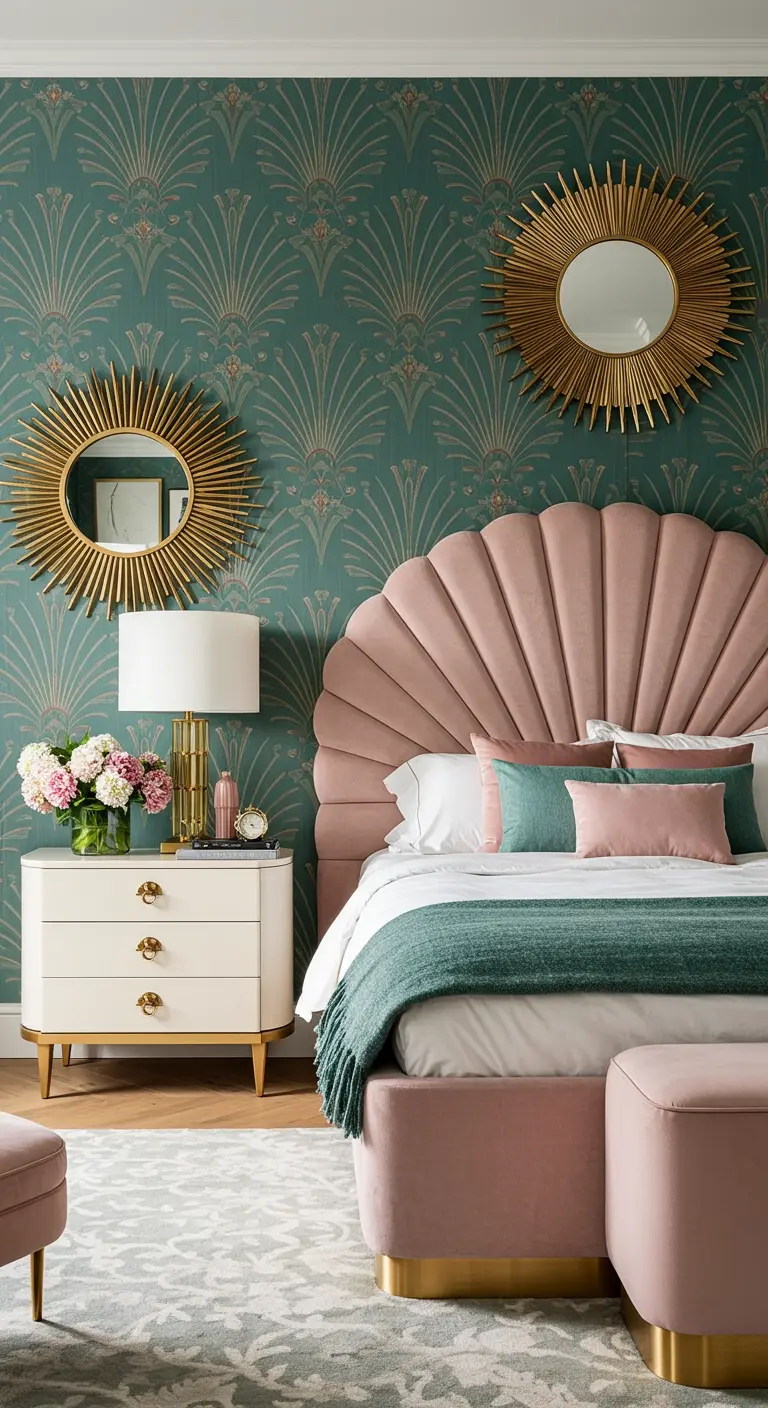 Luxe slaapkamer met een roze schelp-hoofdbord, teal-kleurig behang en gouden zonnespiegels.