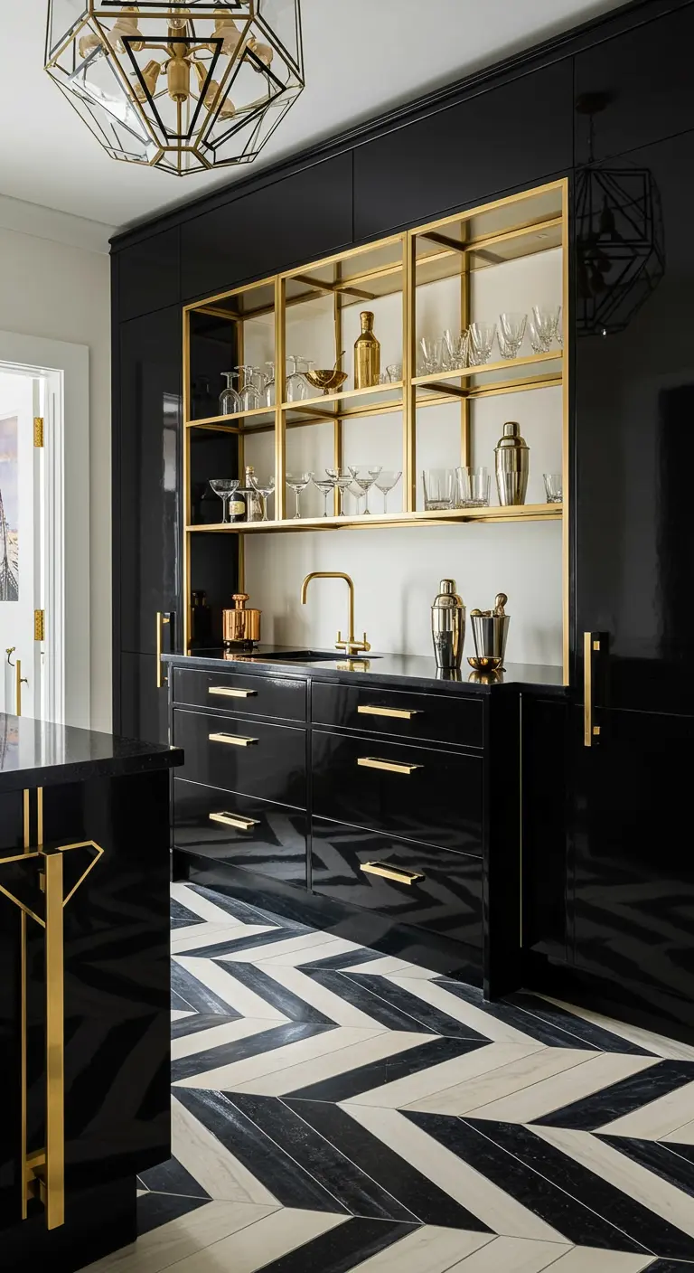Art deco keuken met zwarte kasten, gouden open rek en een grafische vloer.