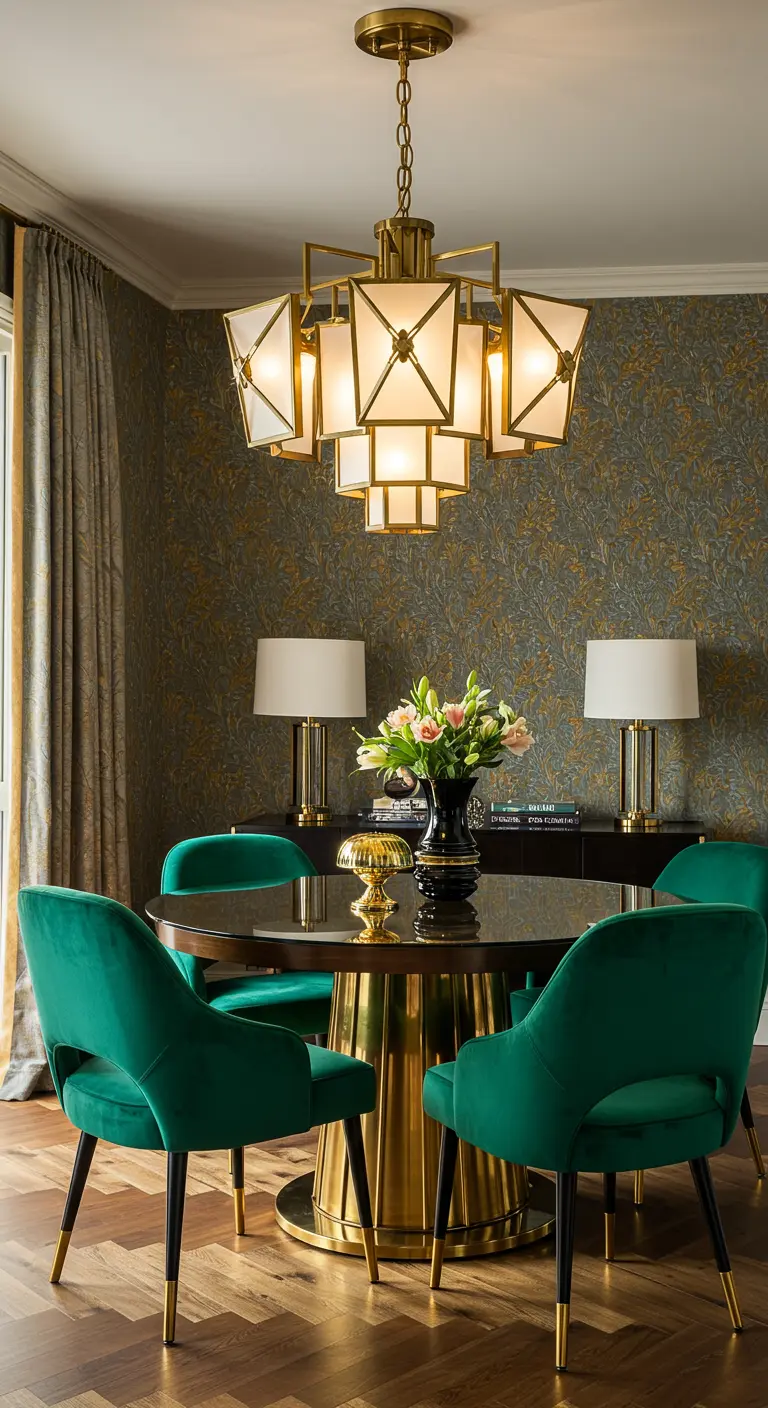 Luxe eetkamer in Art Deco-stijl met een gouden geometrische lamp en smaragdgroene fluwelen stoelen.