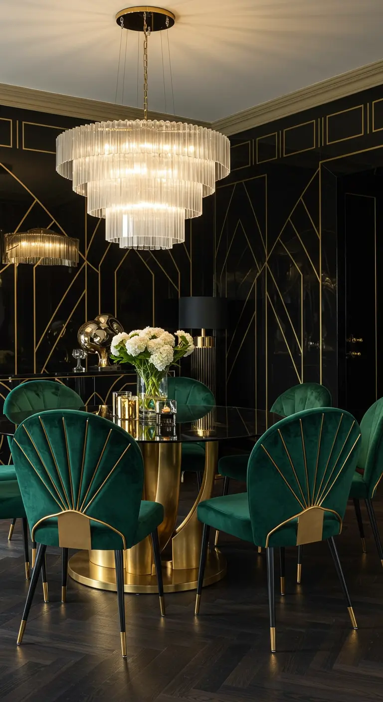 Luxe Art Deco eetkamer met zwarte muren, gouden lijnen en smaragdgroene fluwelen stoelen.