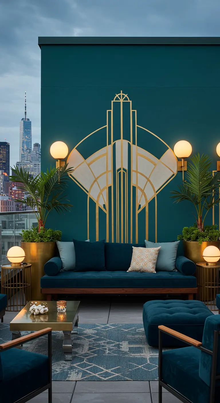 Luxe dakterras met een Art Deco muurschildering in groen en goud