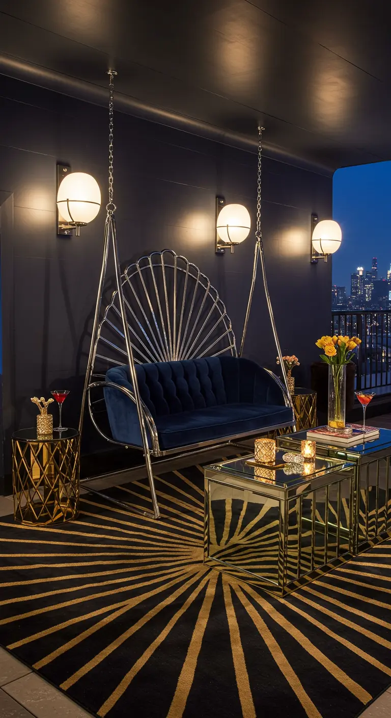 Chromen schommelbank in schelpvorm met blauw fluweel op een terras met Art Deco-styling.