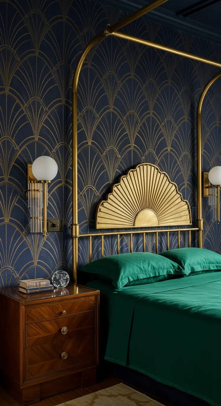Goudkleurig Art Deco hemelbed tegen een donkerblauwe muur met gouden waaiermotief.