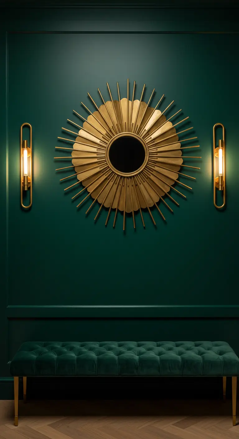 Smaragdgroene muur met een grote, gouden zonnespiegel en elegante wandlampen.