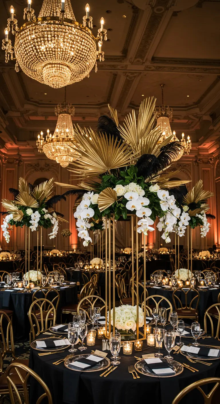 Art Deco bruiloft in zwart en goud met hoge bloemstukken van witte orchideeën en veren.