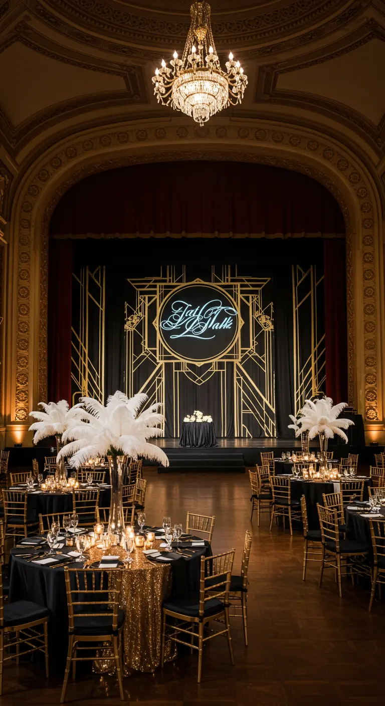 Art Deco trouwreceptie met goud-zwarte backdrop, veren en een pailletten tafelkleed.