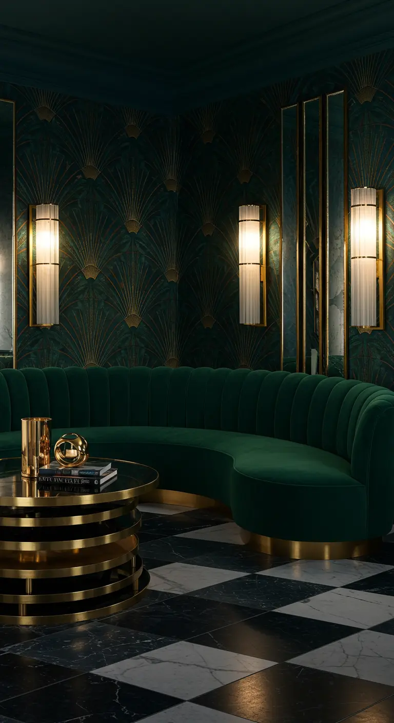 Luxe Art Deco-woonkamer met groen-goud behang, een ronde fluwelen bank en messing details.