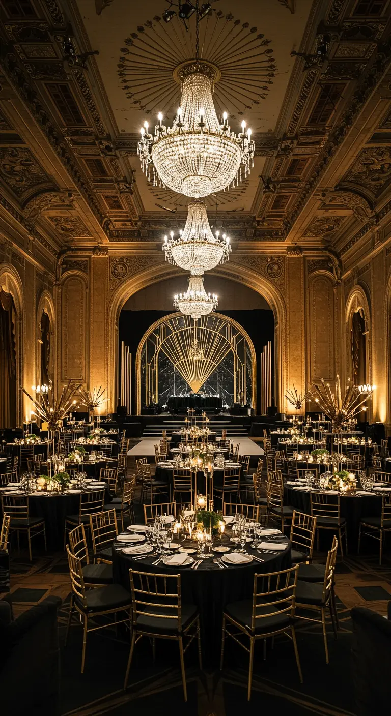 Grote Art Deco feestzaal met ronde tafels, gouden stoelen, en een dramatisch podium met radiale geometrische patronen.