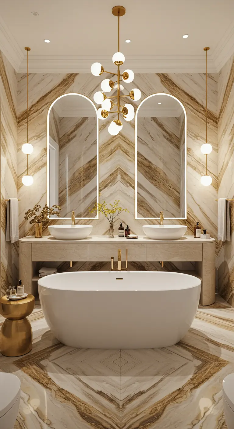 Luxe badkamer met goud-geaderd marmer, twee hoge boogvormige spiegels en gouden accenten.