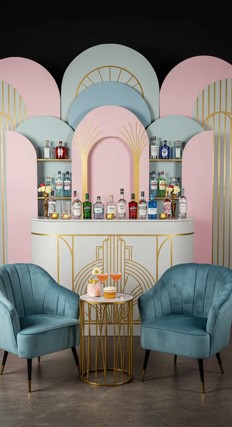 Stijlvolle bar in Art Deco-stijl met pastelkleurige bogen, gouden details en fluwelen stoelen.