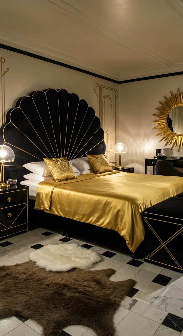 Art Deco slaapkamer met een zwart, schelpvormig hoofdbord met gouden bies en goudkleurig beddengoed.