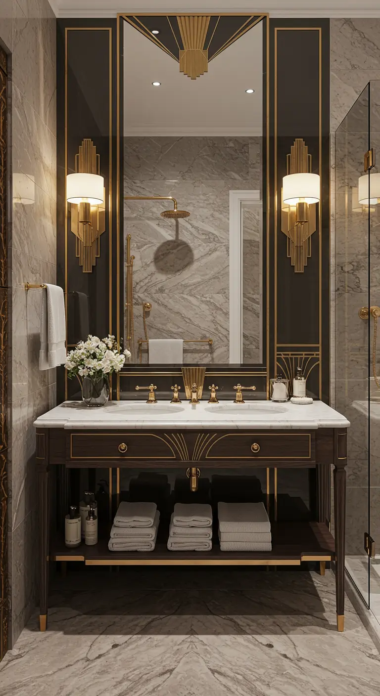 Luxe Art Deco badkamer met marmer, een donker houten meubel en gouden details.
