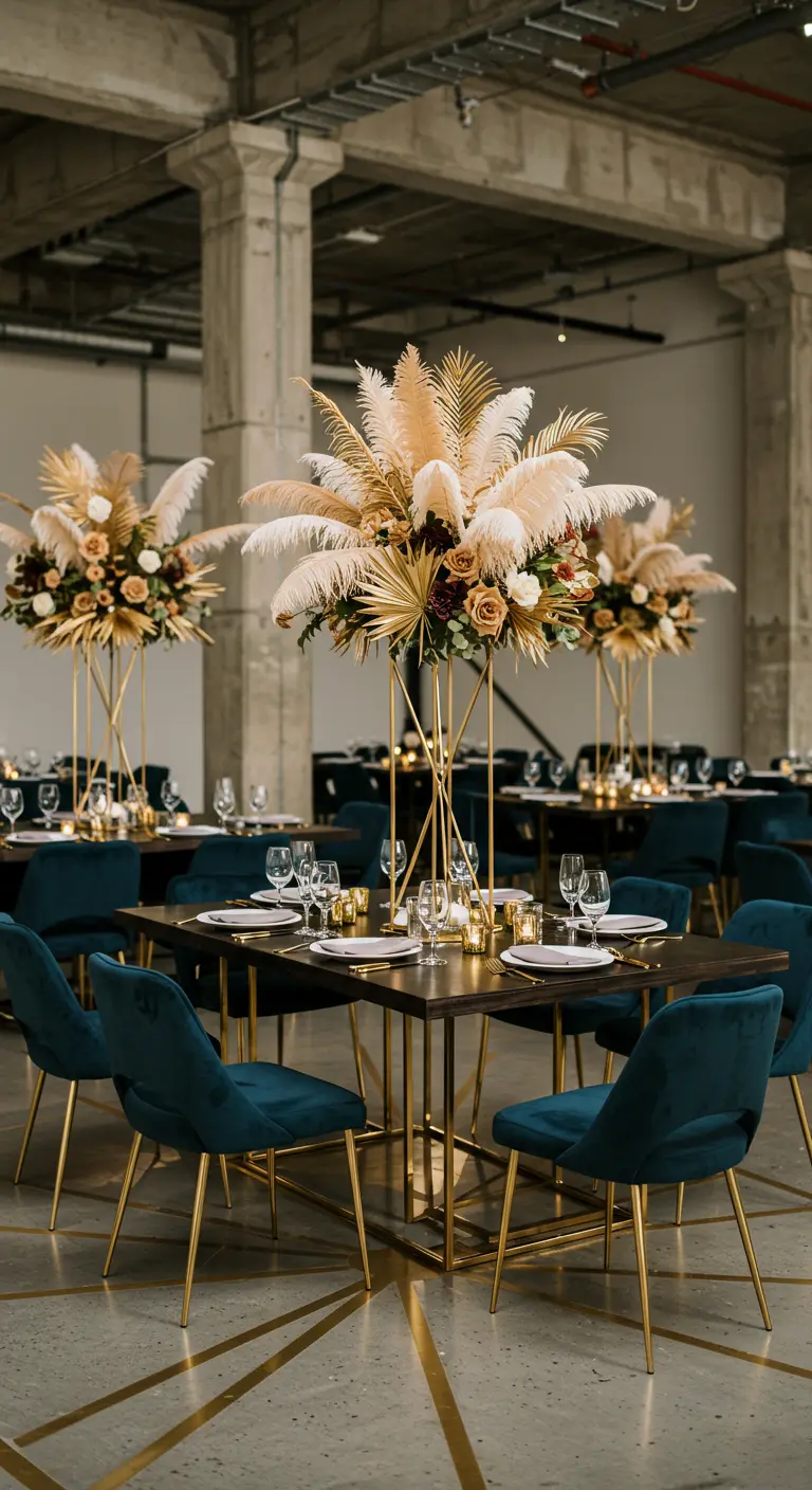 Luxe dinertafels met blauwe velours stoelen, gouden onderstellen en extravagante bloemstukken met pampasgras.