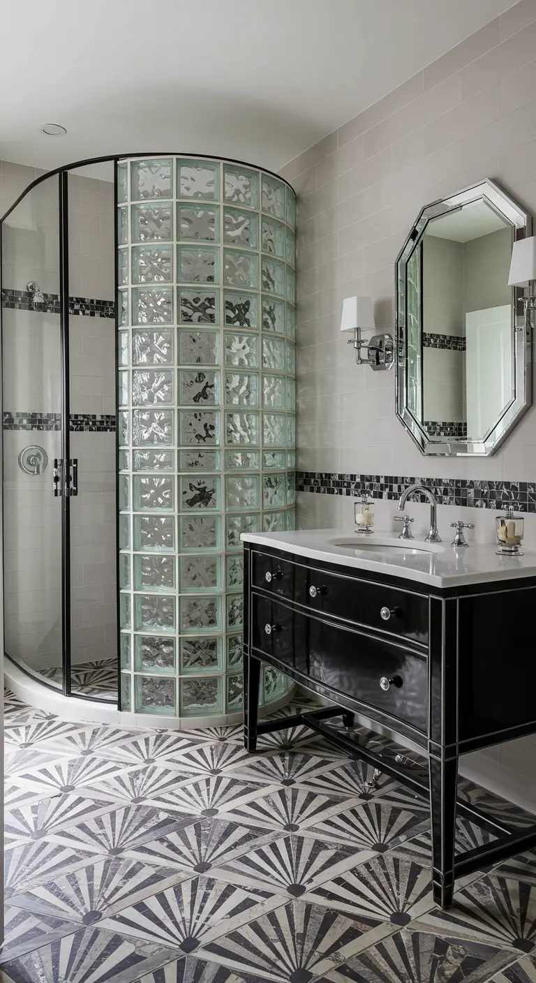 Badkamer met een gebogen douchewand van glazen bouwstenen en Art Deco vloer.