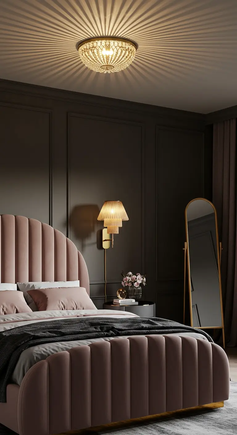 Elegante slaapkamer met een roze fluwelen bed, een gouden wandlamp en een spiegel.