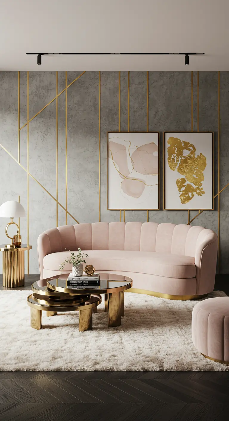 Luxe woonkamer met een poederroze bank en een betonnen muur versierd met gouden geometrische lijnen.