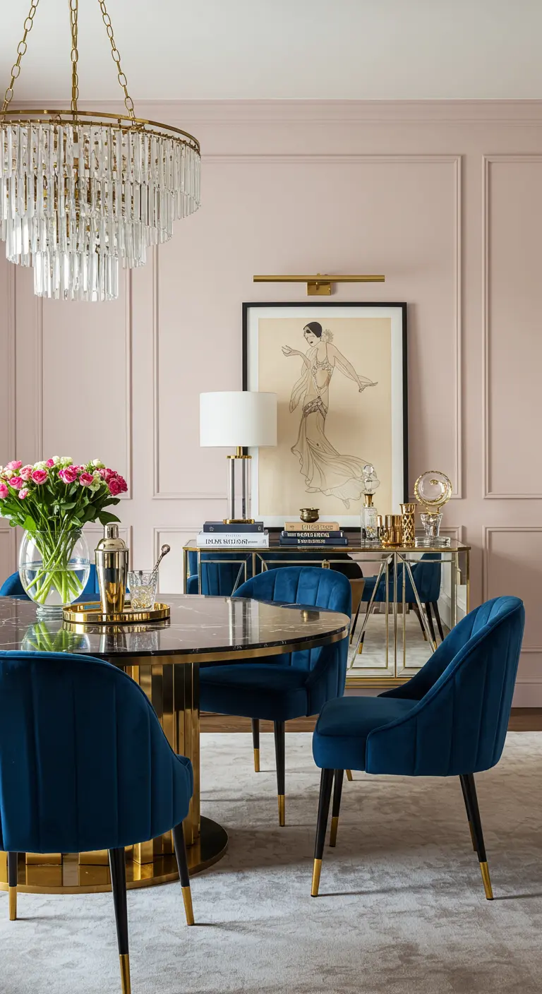 Elegante eetkamer met poederroze muren, blauwe fluwelen stoelen en gouden accenten in Art Deco stijl.