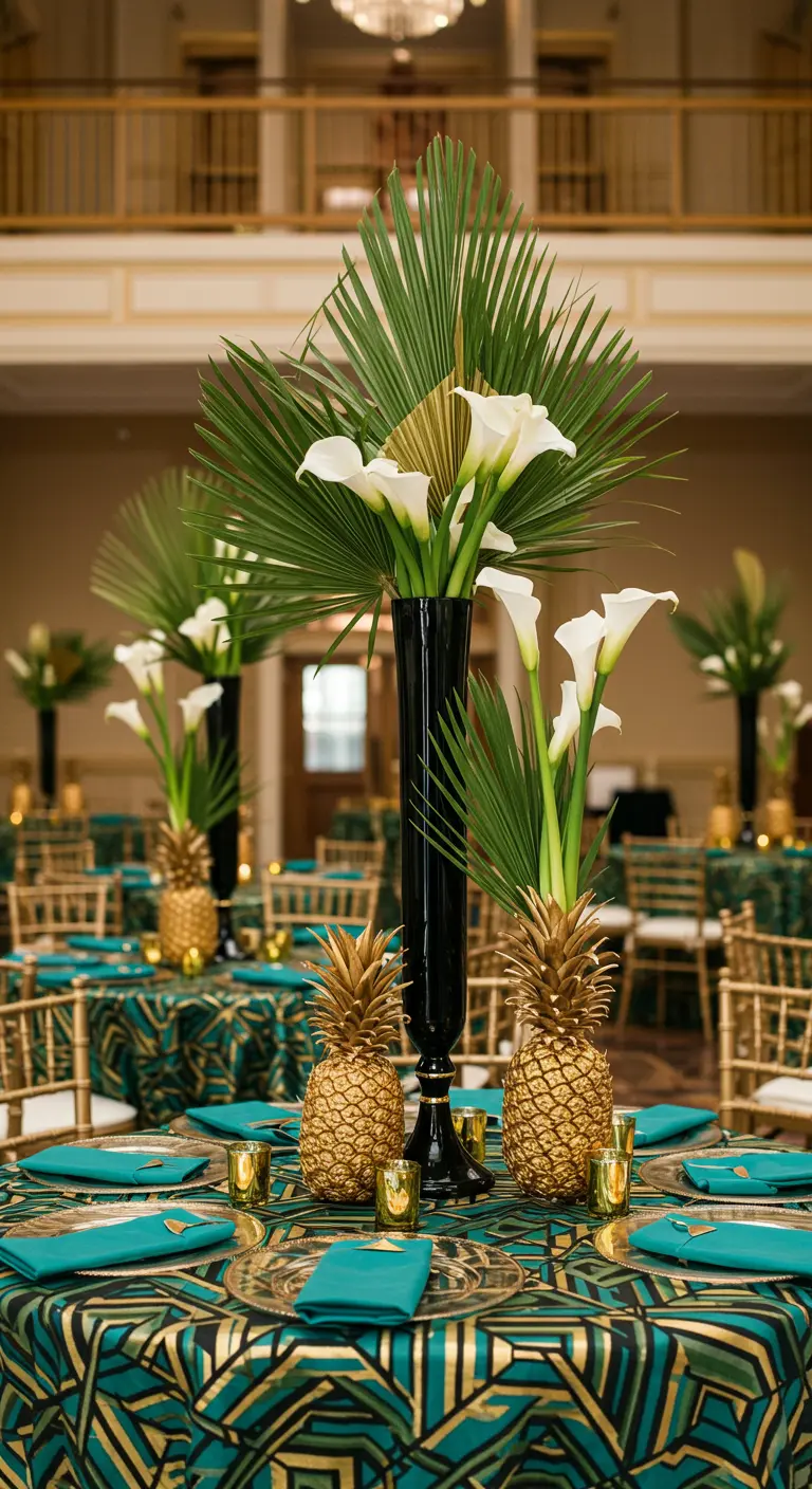 Luxe gedekte tafel met goud-groen tafelkleed, gouden ananassen en calla lelies.