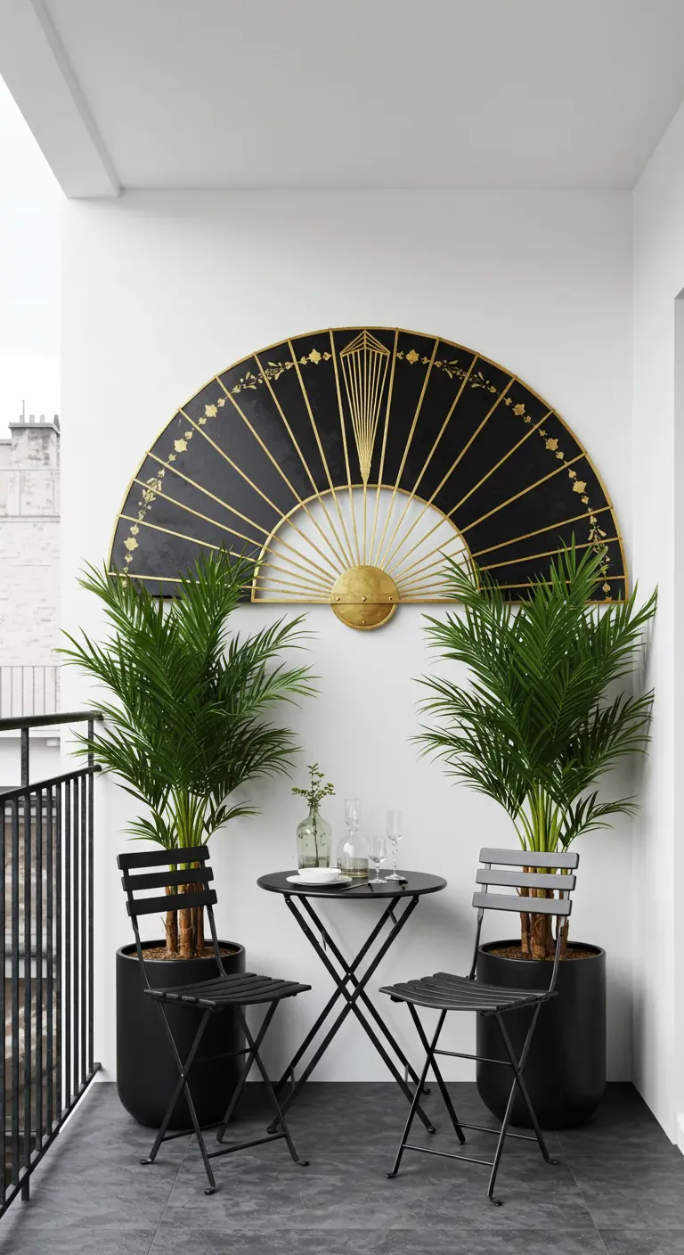 Zwart-gouden waaiervormige Art Deco spiegel op een strak balkon.