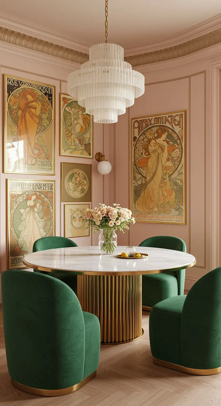 Elegante eetkamer met roze muren, Art Nouveau posters en groene fluwelen stoelen.
