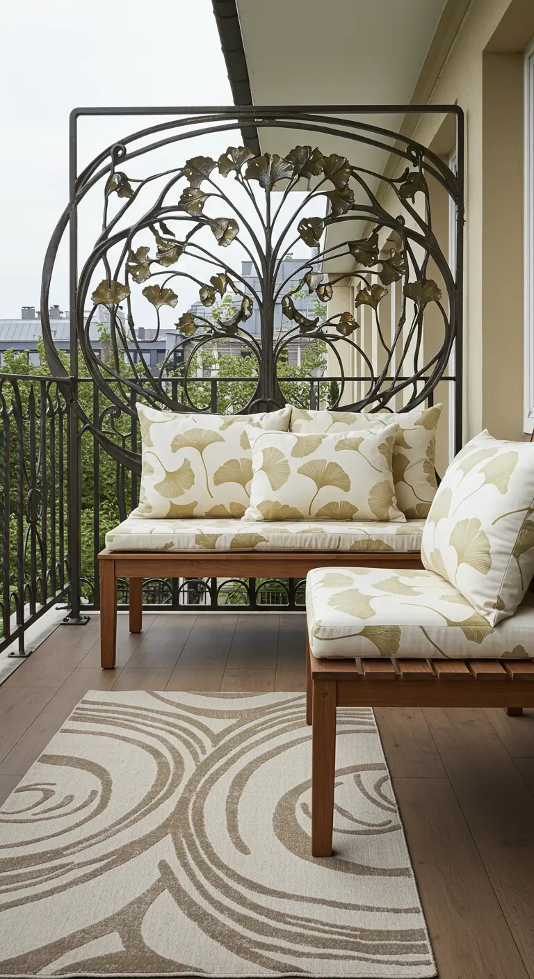 Balkon met Art Nouveau-details, zoals een metalen frame en kussens met Ginkgo-bladpatroon.
