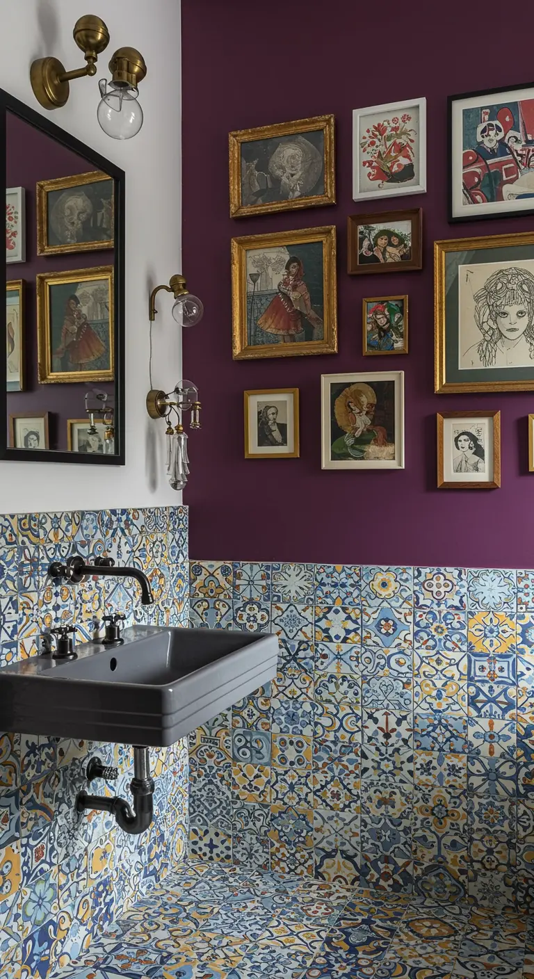Eclectische badkamer met kleurrijke tegels, een paarse muur en een galerijwand met schilderijen.
