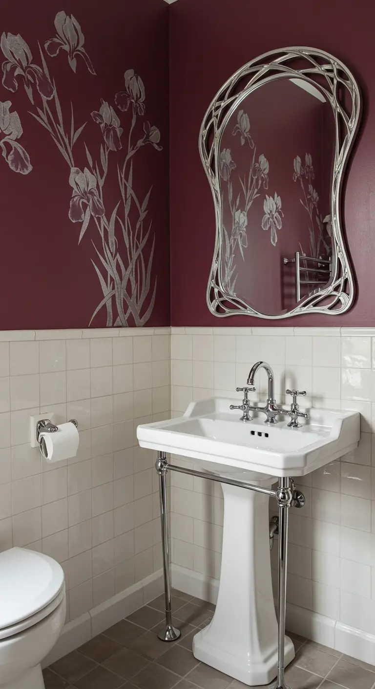 Badkamer met aubergine muur waarop een zilveren bloemenpatroon is gesjabloneerd.