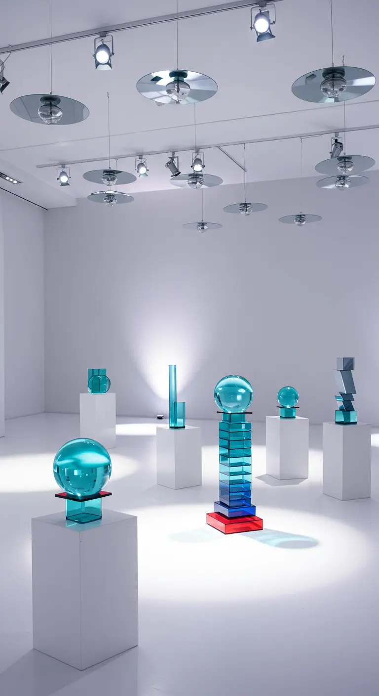 Abstracte sculpturen van blauw en transparant glas op witte sokkels in een lichte galerieruimte.