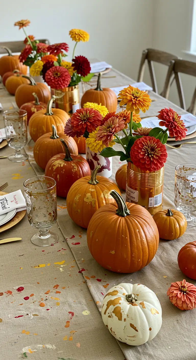 Lange tafel met pompoenen en bloemen in blikken op een beschilderd tafelkleed.