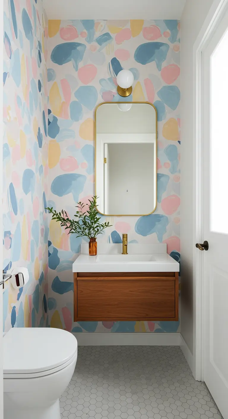 Toiletruimte met kleurrijk abstract behang in pasteltinten en een houten wastafelmeubel.