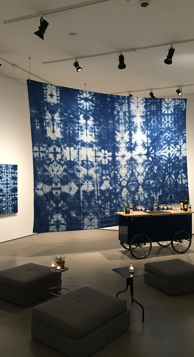 Groot blauw-wit tie-dye doek als artistieke achtergrond in een moderne ruimte.