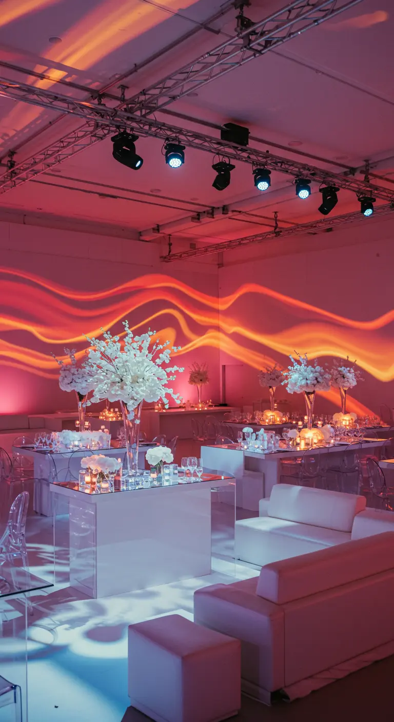 Moderne ruimte met witte meubels, acryl tafels en dynamische rode lichtprojecties op de muur.