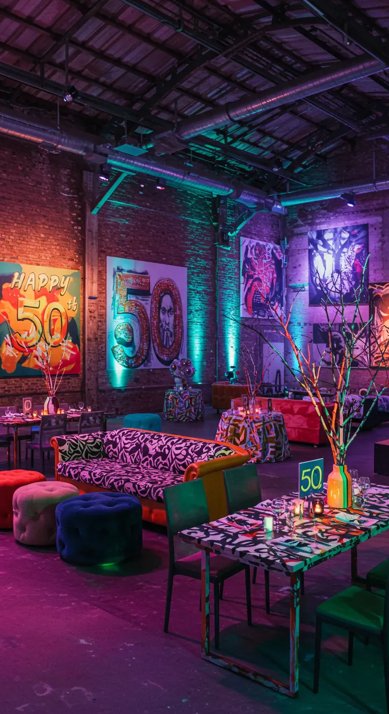 Feestruimte met levendige neonverlichting, kunstwerken met 'Happy 50' en eclectische meubels.
