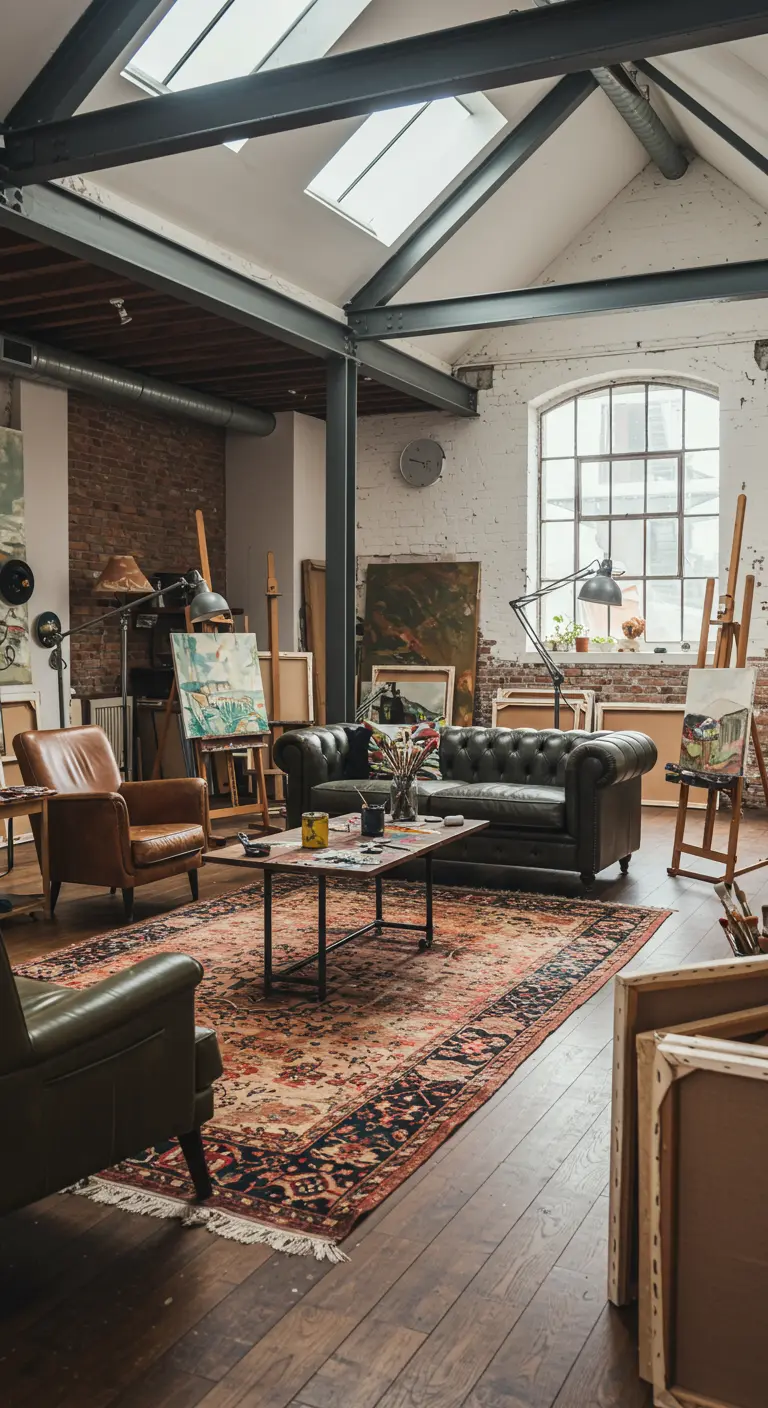 Kunstenaarsloft met rood-zwart vintage tapijt, leren banken, bakstenen muur en schildersezels.