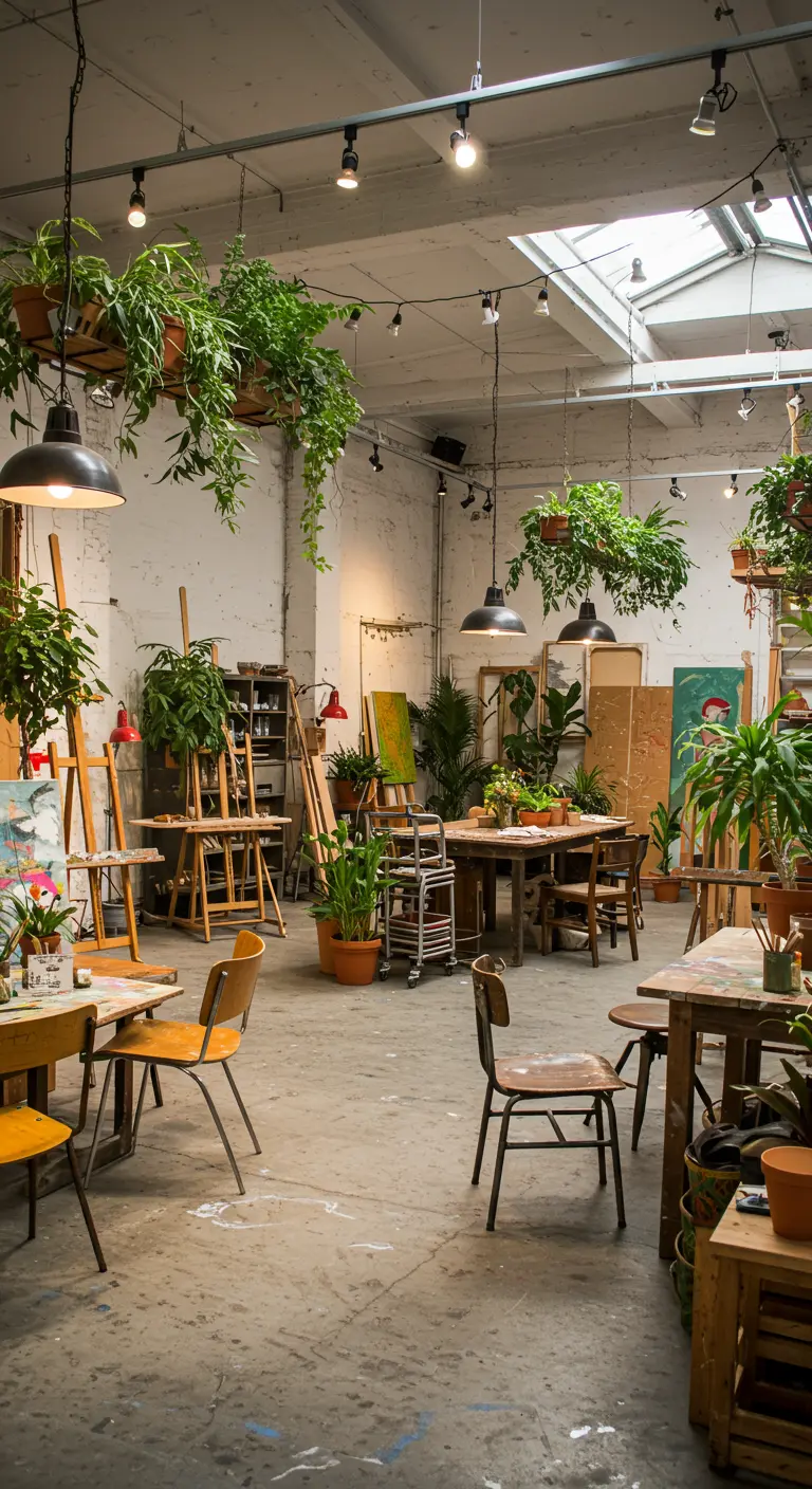 Artistieke studio met hangplanten, grote planten, schildersezels en houten tafels.