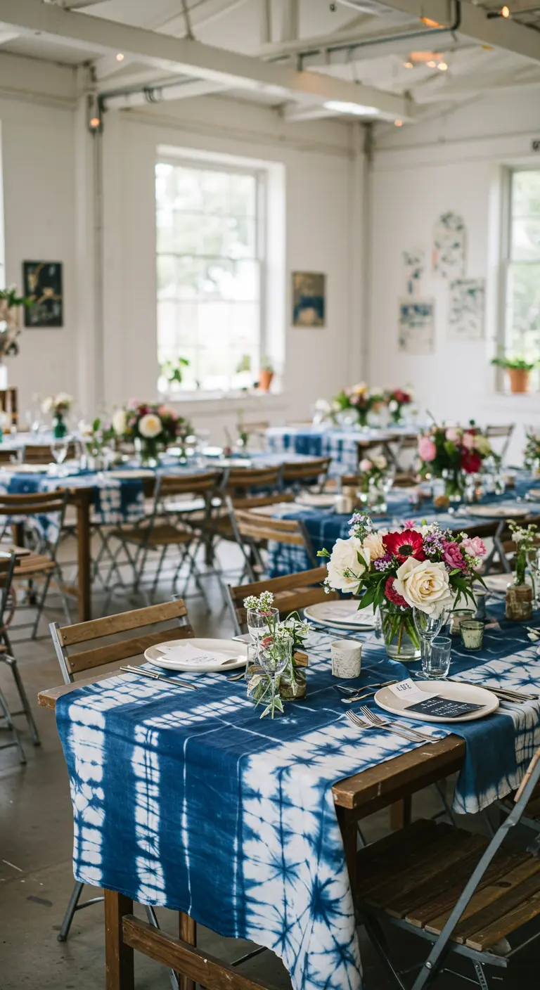 Tafel met een opvallende blauw-witte Shibori-tafelloper en roze en witte bloemen.