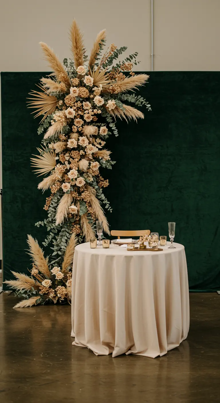 Tafel voor twee voor een donkergroene achtergrond, met een groot asymmetrisch droogbloemstuk.