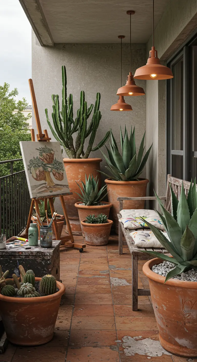 Balkon ingericht als buitenatelier met schildersezel, grote terracotta potten met cactussen en houten bank.