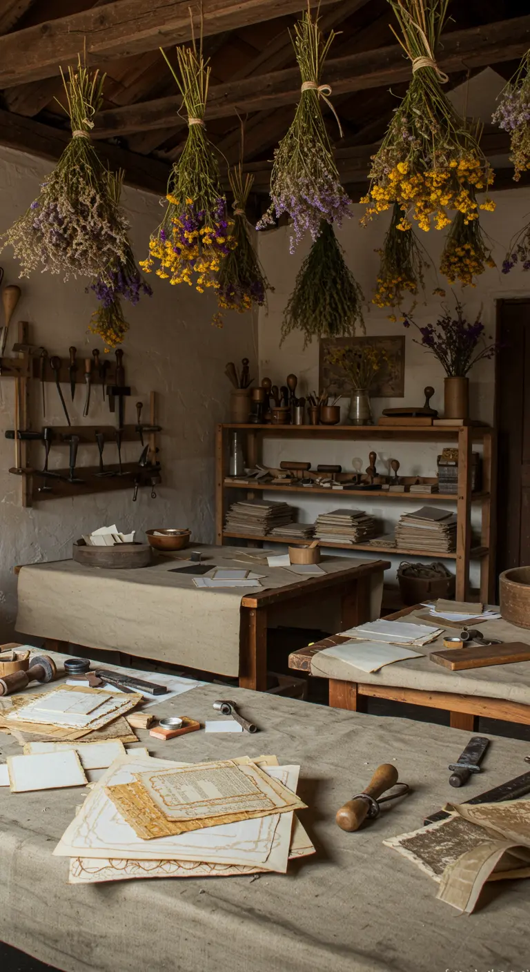 Ambachtelijke werkplaats met droogbloemen aan het plafond en linnen op de tafels.