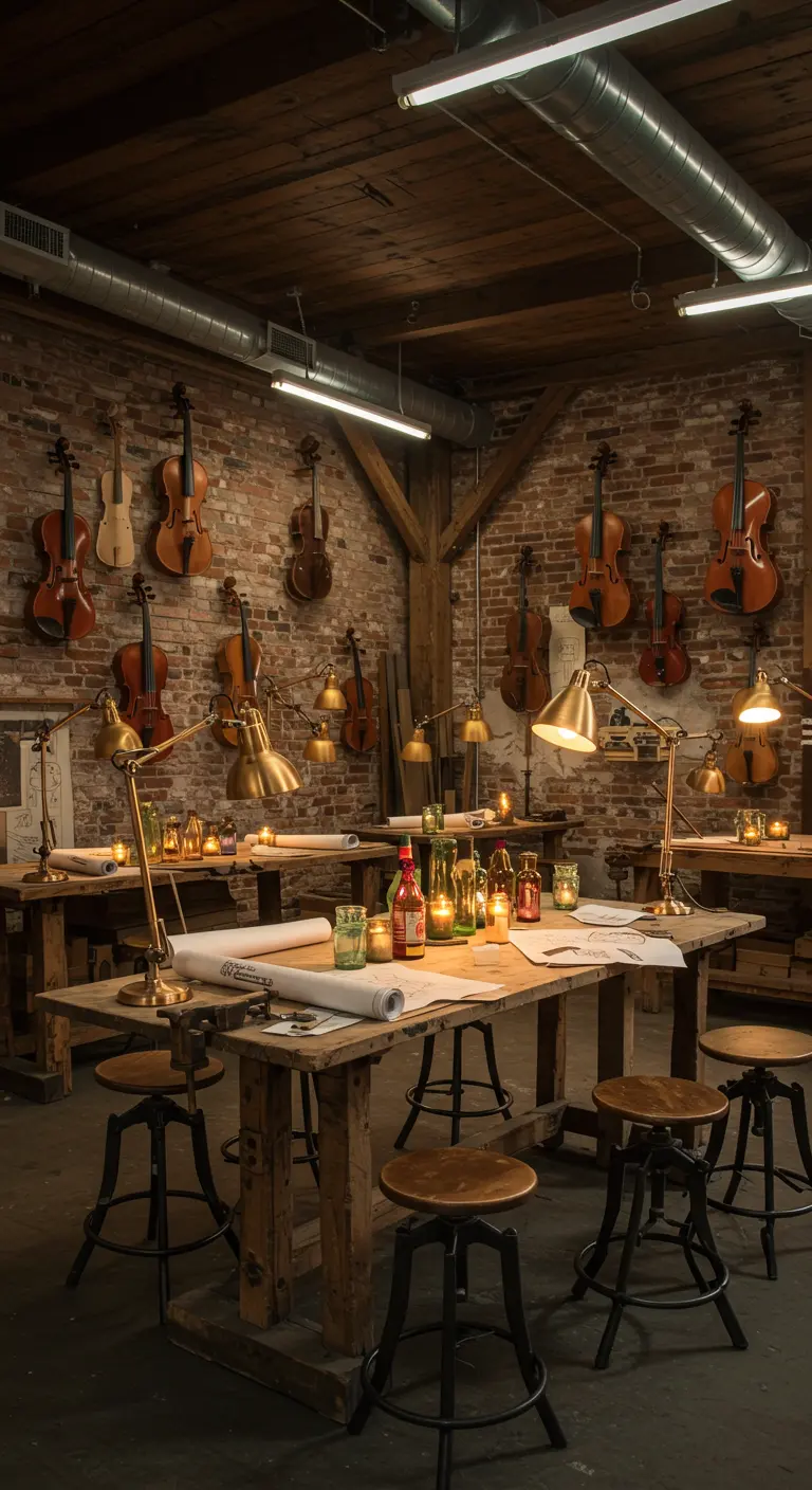 Werkplaats-setting met violen aan de muur, houten tafels en bureaulampen.