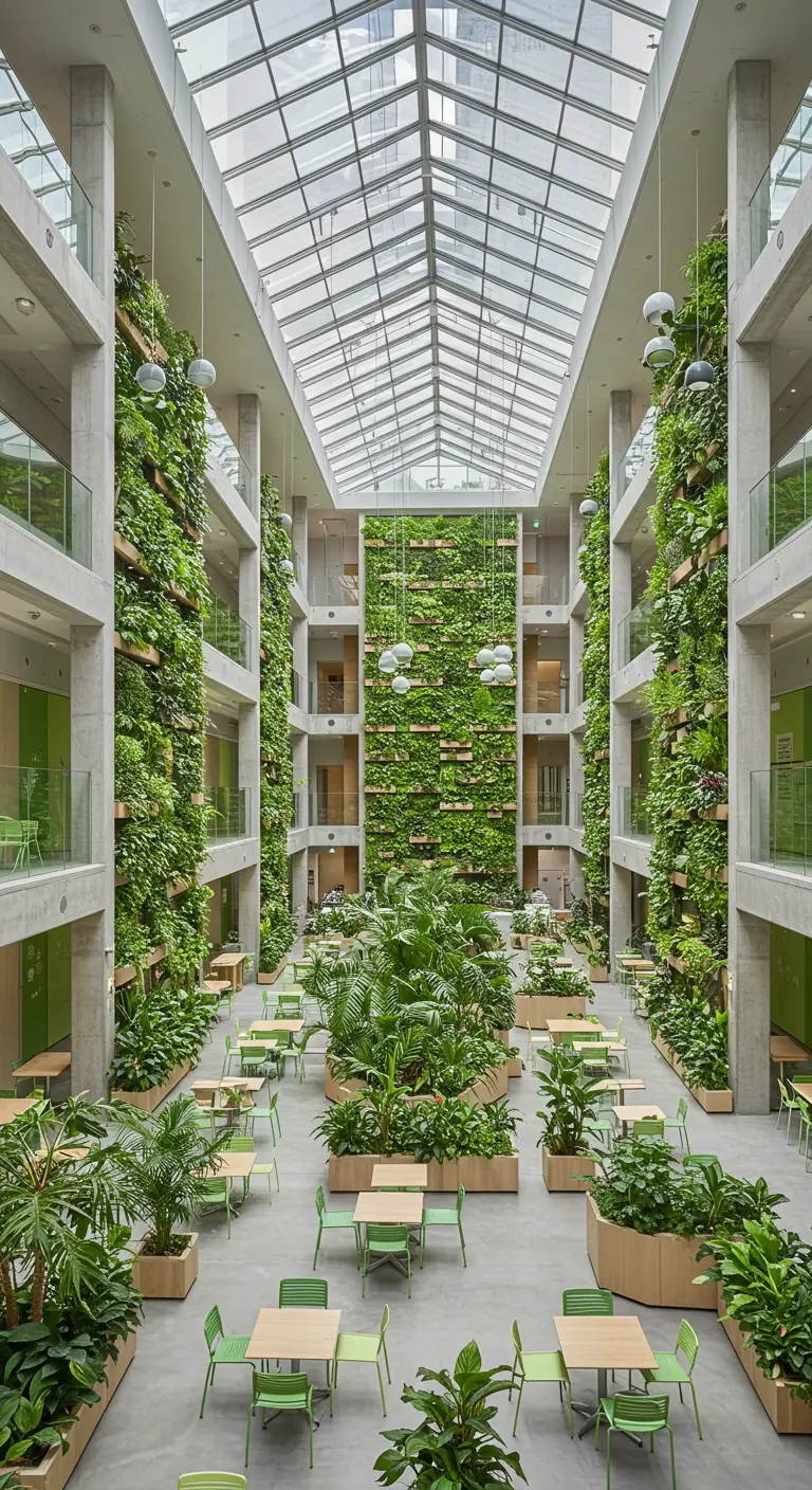 Groot atrium met groene plantenmuren op meerdere verdiepingen en veel planten op de vloer.