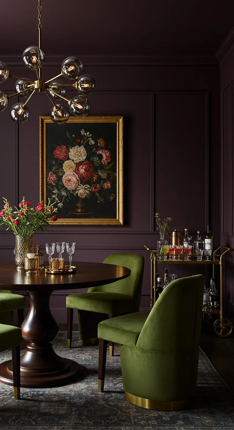 Luxe eetkamer met dieppaarse muren, olijfgroene fluwelen stoelen en een gouden barcart.