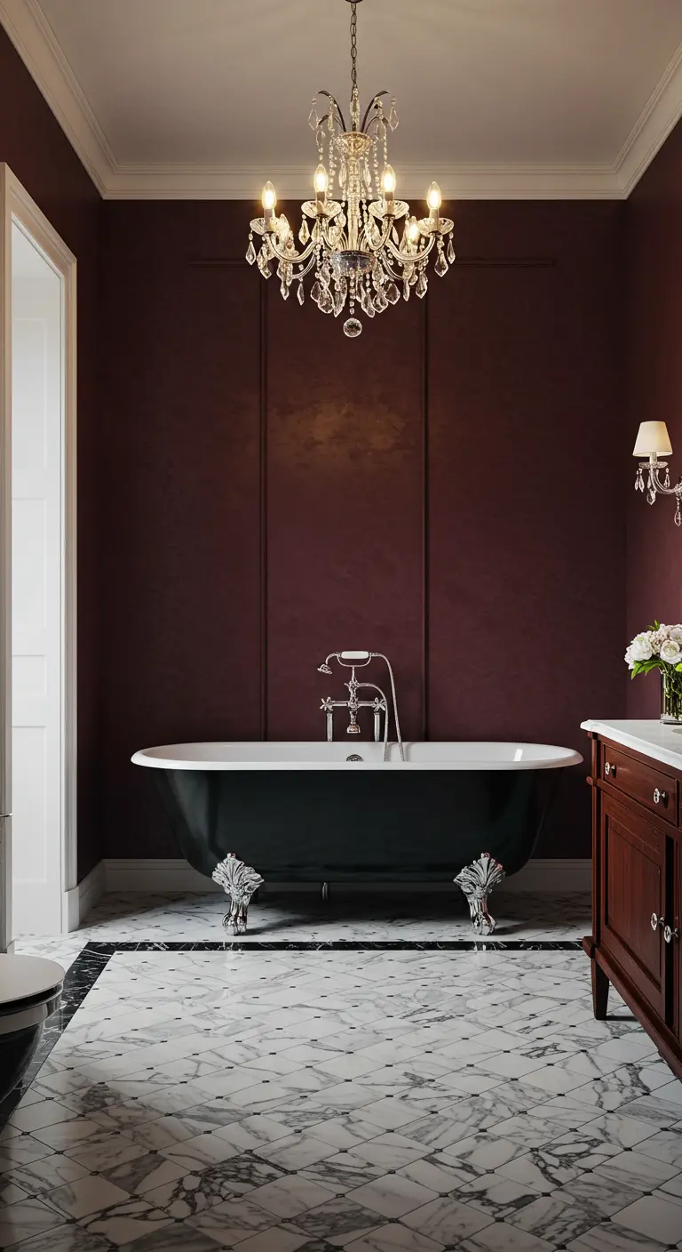 Klassieke badkamer met aubergine muren, zwart vrijstaand bad, kroonluchter en marmeren vloer.