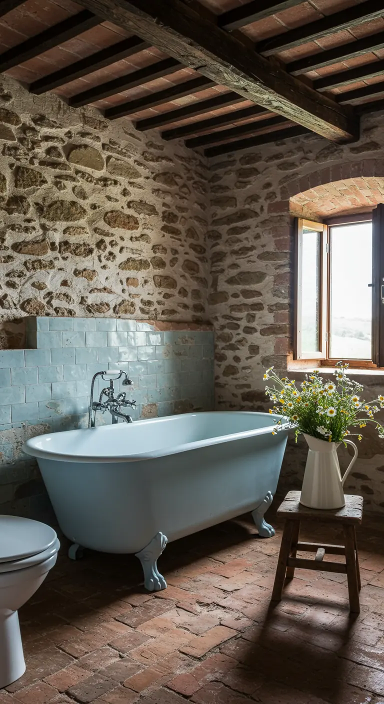Rustieke badkamer met stenen muur, lichtblauw vrijstaand bad en terracotta vloer.
