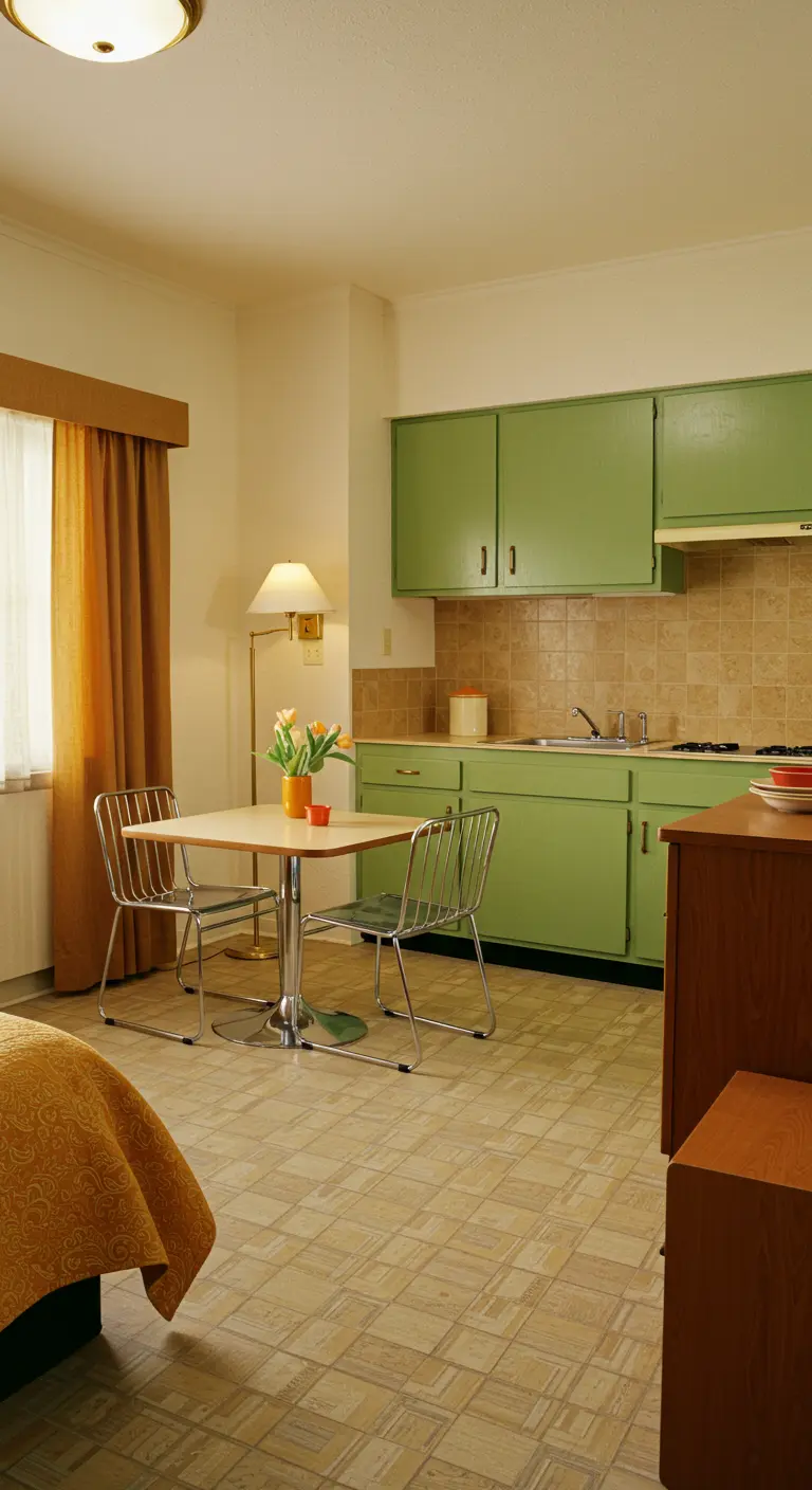 Studio-appartement met avocadogroene keukenkastjes en een kleine eethoek.